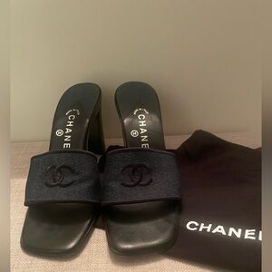 EUC Vintage Chanel Black and Denim Mule Sandals size 38.5